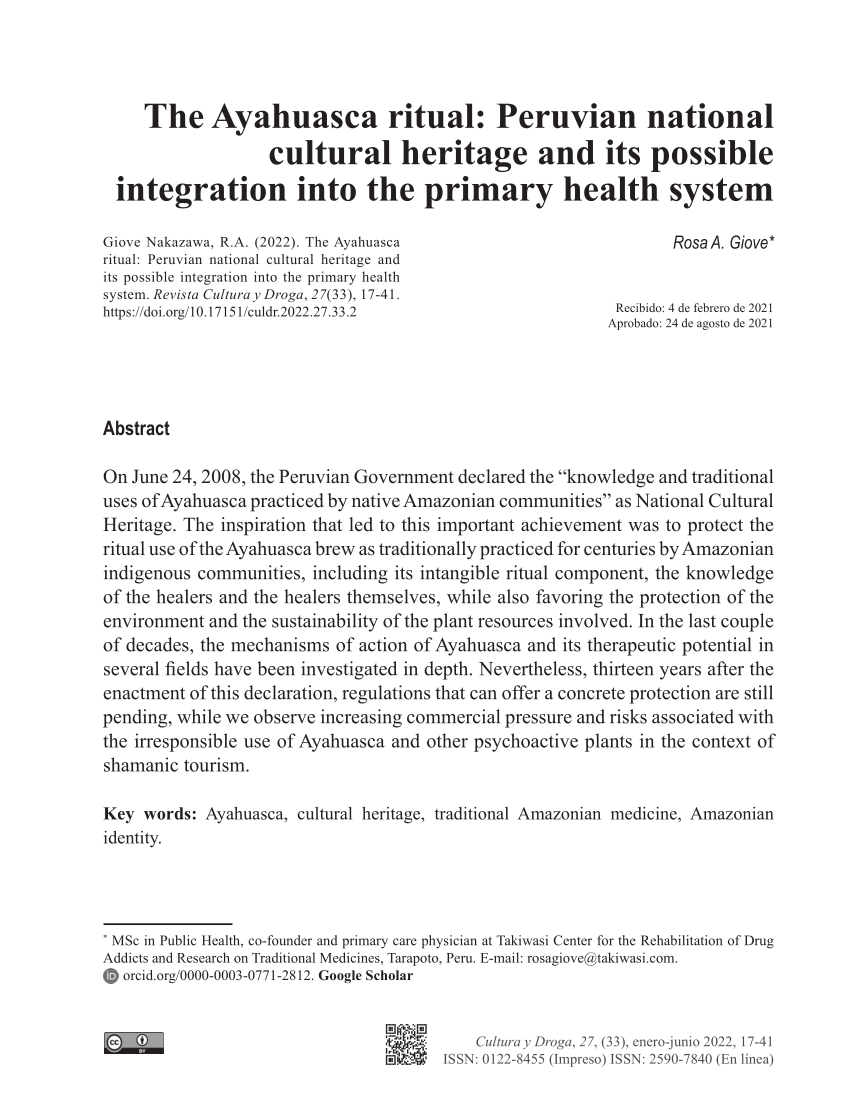 PDF) The Ayahuasca ritual: Peruvian national cultural heritage and its  possible integration into the primary health system