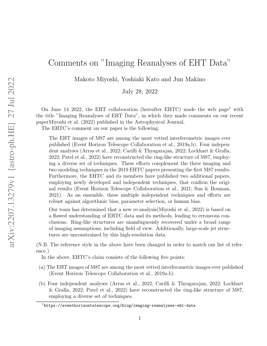 (PDF) Comments on "Imaging Reanalyses of EHT Data"