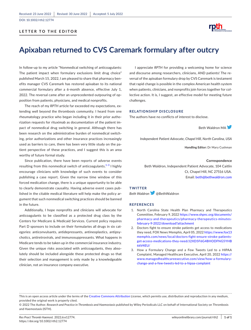 (PDF) Apixaban returned to CVS Caremark formulary after outcry