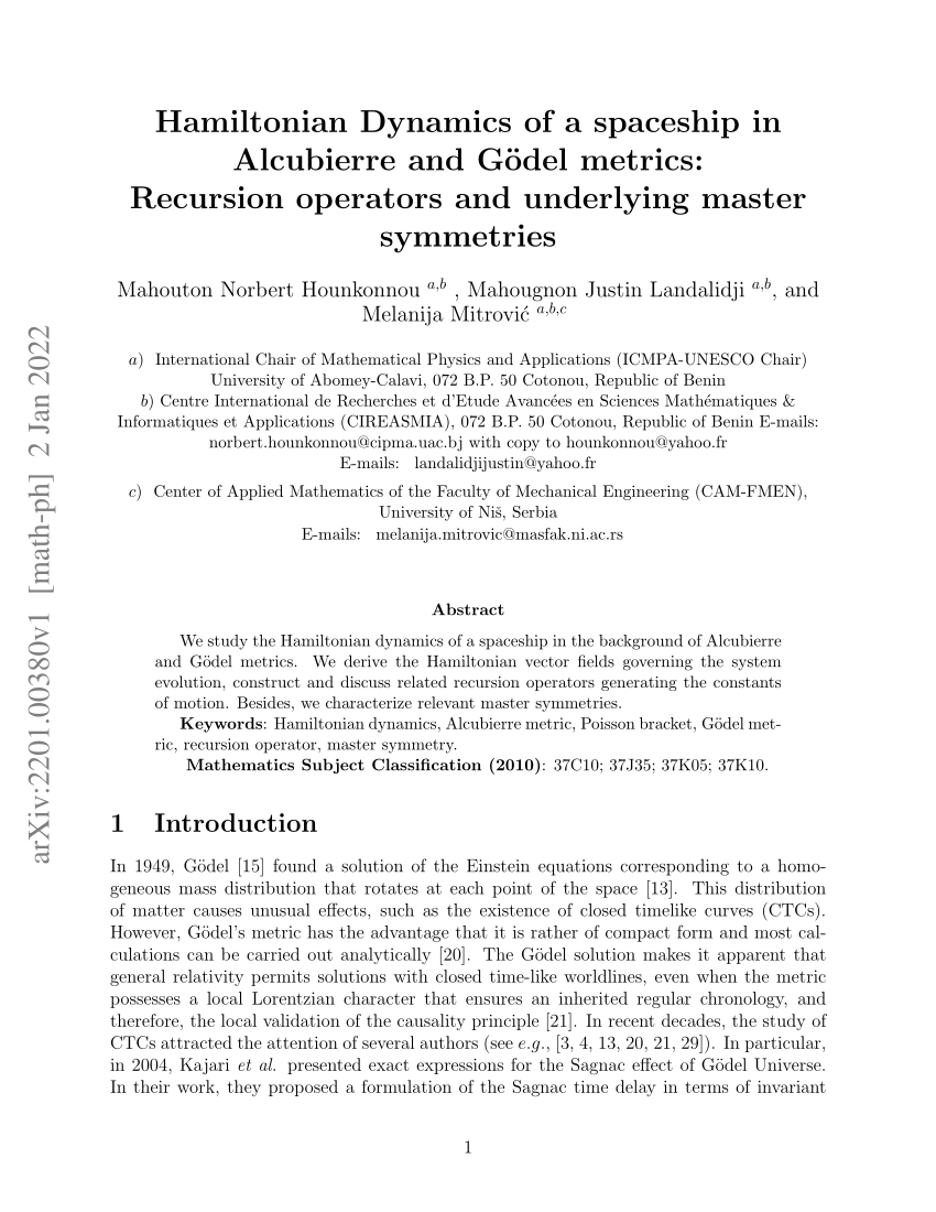 PDF) Hamiltonian dynamics of a spaceship in Alcubierre and Gödel metrics:  Recursion operators and underlying master symmetries