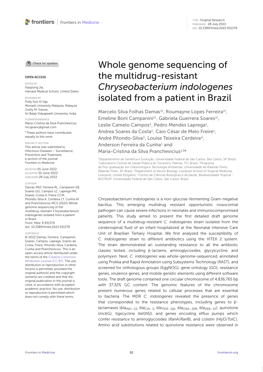 Pdf Whole Genome Sequencing Of The Multidrug Resistant Chryseobacterium Indologenes Isolated From A Patient In Brazil