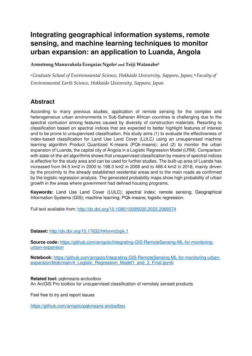 PDF) Integrating geographical information systems, remote sensing, and  machine learning techniques to monitor urban expansion: an application to  Luanda, Angola