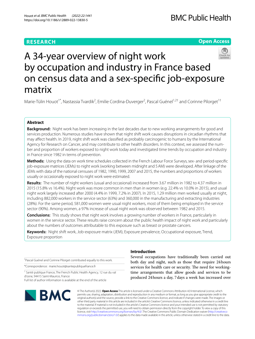 PDF) A 34-year overview of night work by occupation and industry in France  based on census data and a sex-specific job-exposure matrix