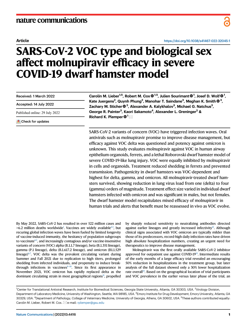 PDF) SARS-CoV-2 VOC type and biological sex affect molnupiravir efficacy in severe COVID-19 dwarf hamster model