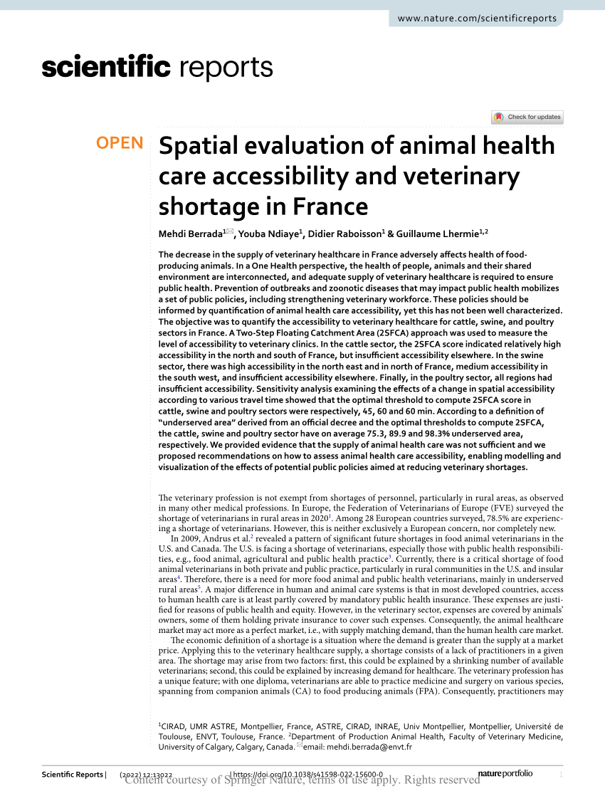 PDF) Spatial evaluation of animal health care accessibility and veterinary  shortage in France