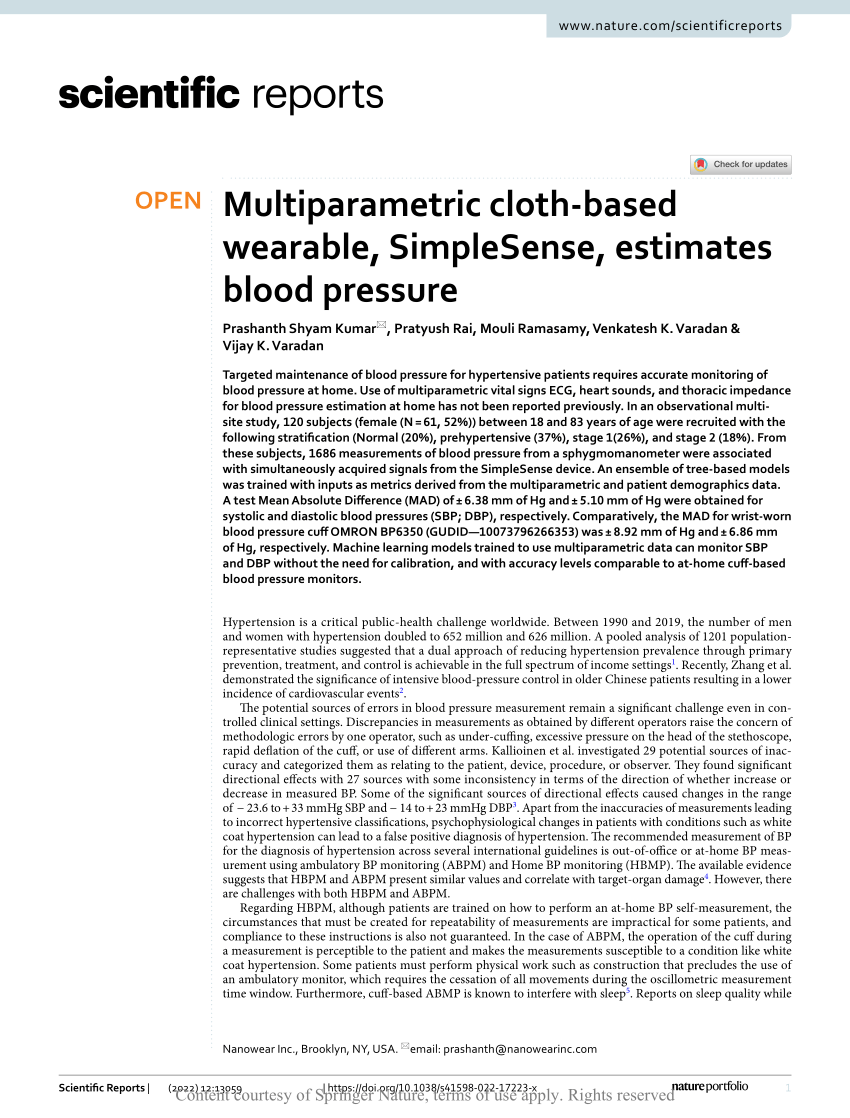 Multiparametric cloth-based wearable, SimpleSense, estimates blood pressure