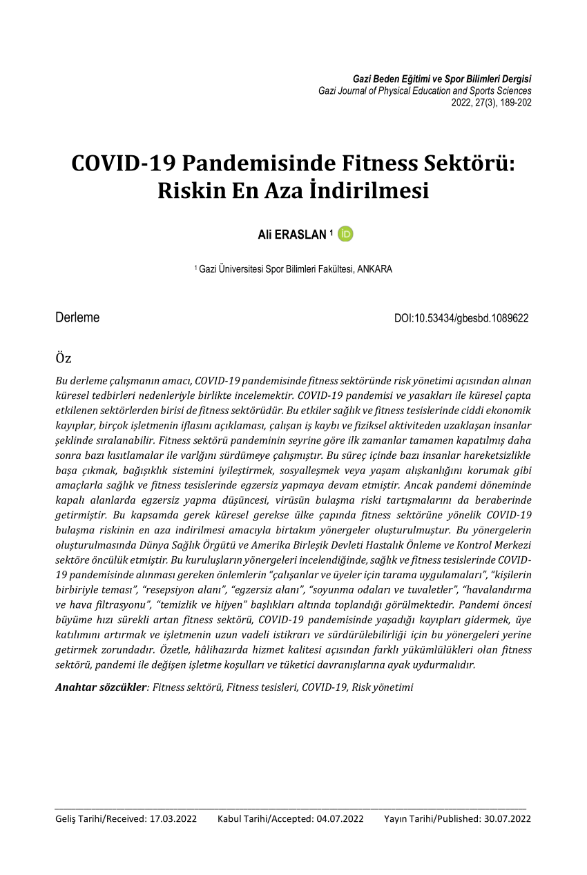 PDF) Fitness Industry in the COVID-19 Pandemic: Minimizing the Risk