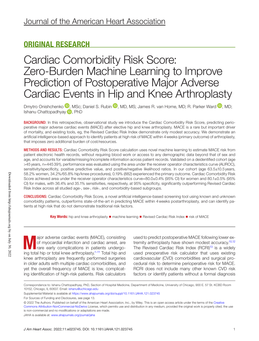 PDF) Cardiac Comorbidity Risk Score: Zero‐Burden Machine Learning to  Improve Prediction of Postoperative Major Adverse Cardiac Events in Hip and  Knee Arthroplasty