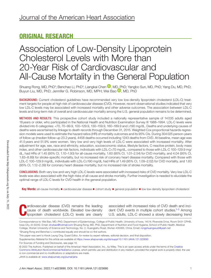 PDF) Association of Low‐Density Lipoprotein Cholesterol Levels with More than 20‐Year Risk of Cardiovascular and All‐Cause Mortality in the General Population picture