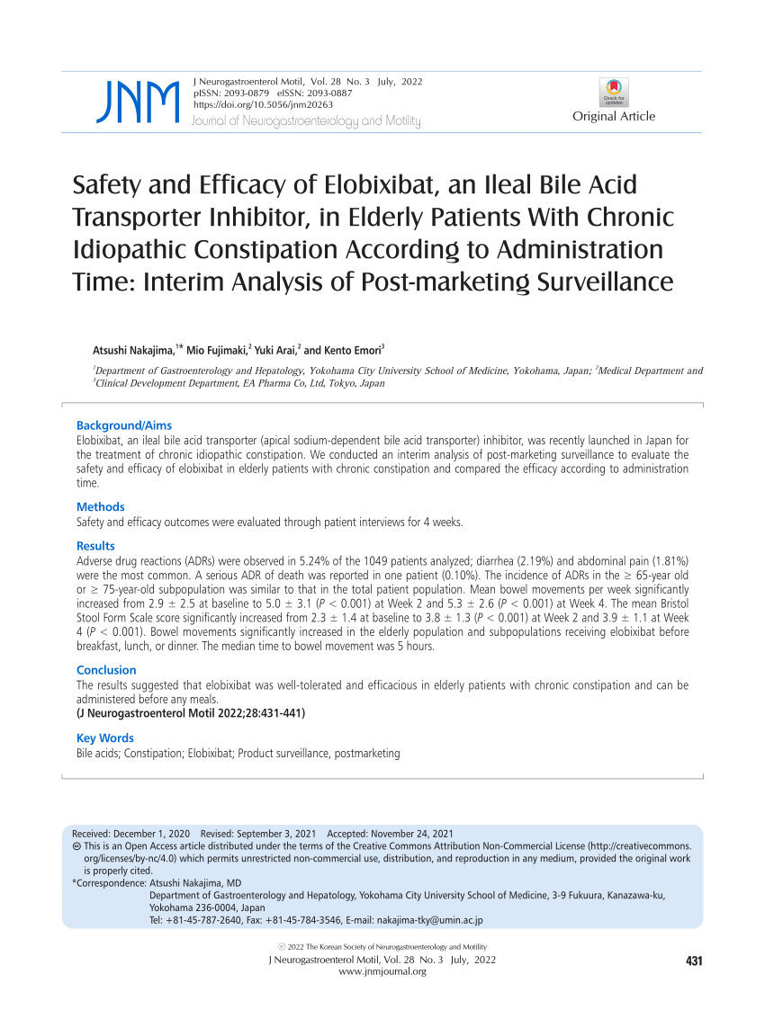 Pdf Safety And Efficacy Of Elobixibat An Ileal Bile Acid Transporter Inhibitor In Elderly 