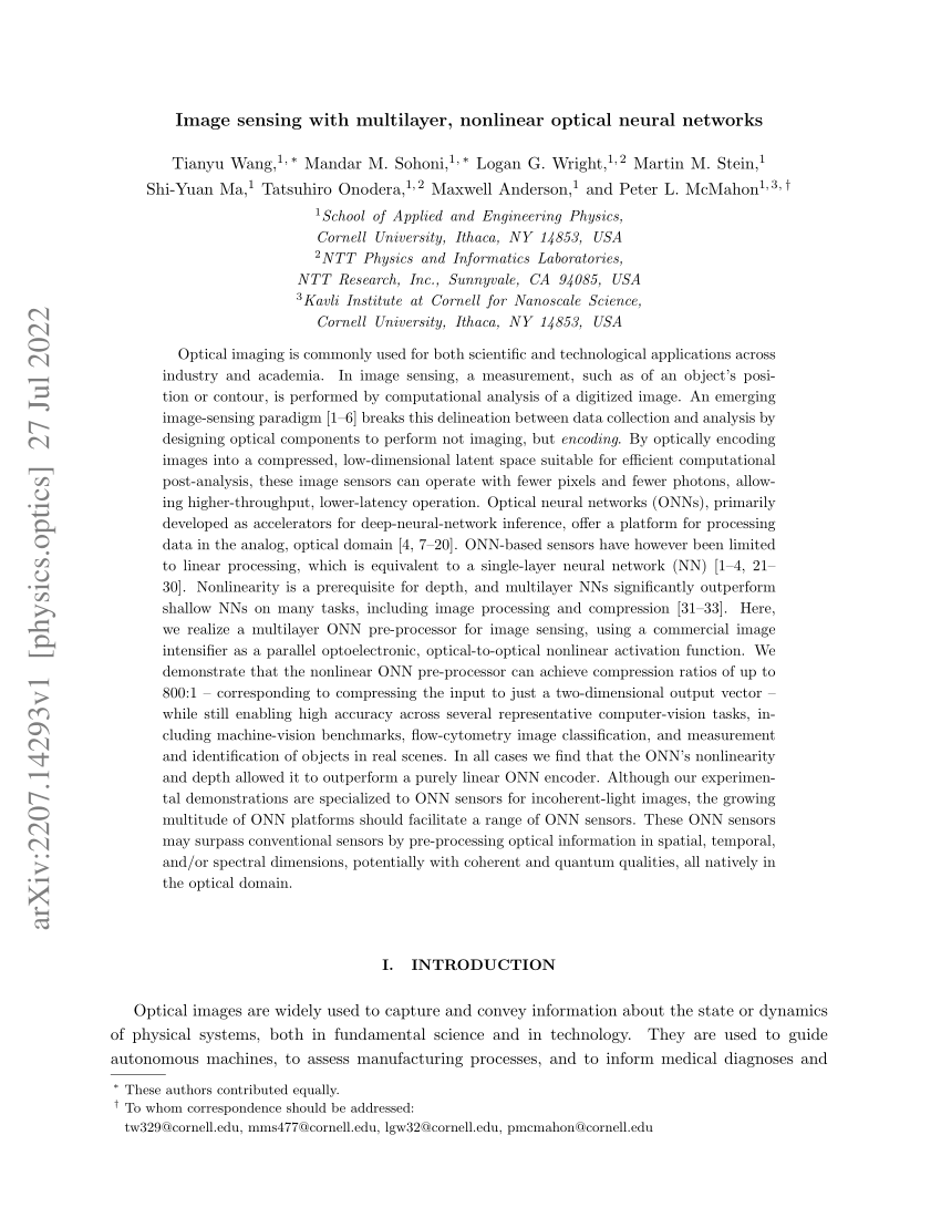 (PDF) Image sensing with multilayer, nonlinear optical neural networks