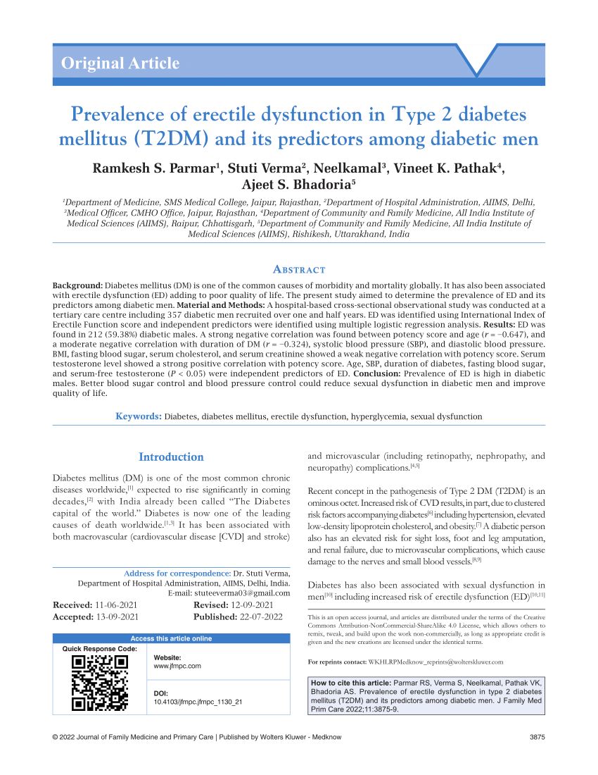 PDF Prevalence of erectile dysfunction in Type 2 diabetes