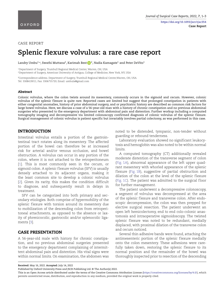 Pdf Splenic Flexure Volvulus A Rare Case Report 9351