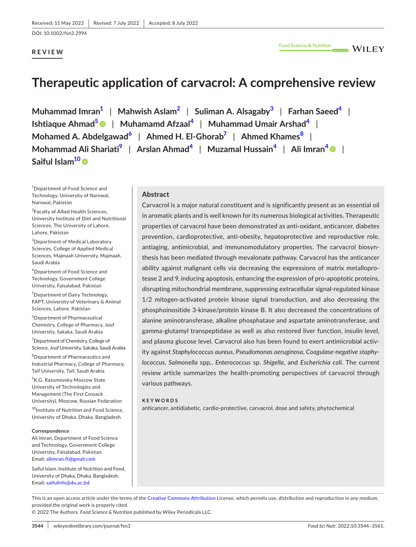 PDF) Therapeutic application of carvacrol: A comprehensive review