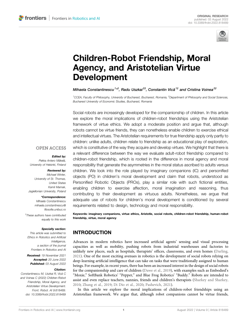 Konklusion Furnace Sjældent PDF) Children-Robot Friendship, Moral Agency, and Aristotelian Virtue  Development