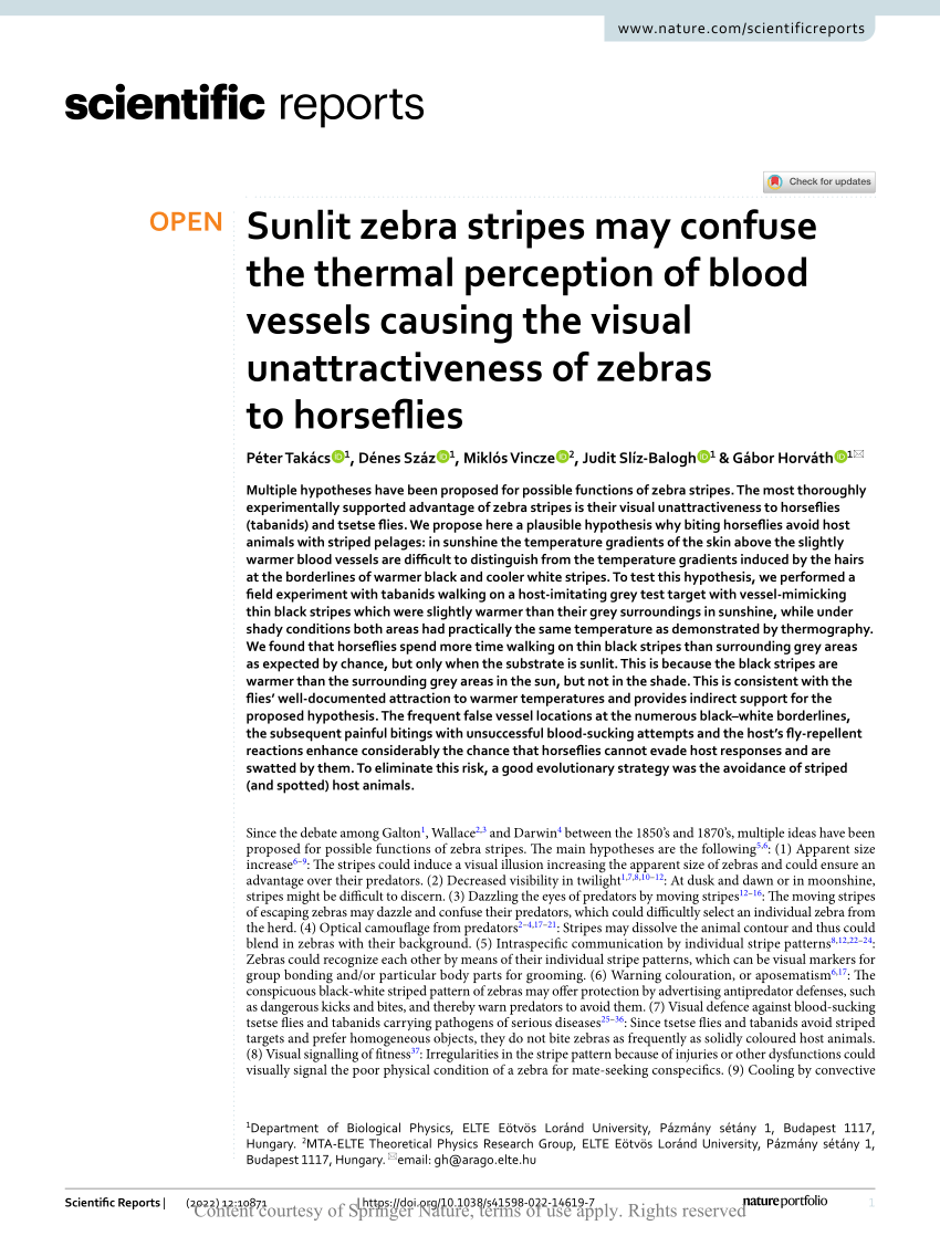 PDF) Sunlit zebra stripes may confuse the thermal perception of blood  vessels causing the visual unattractiveness of zebras to horseflies