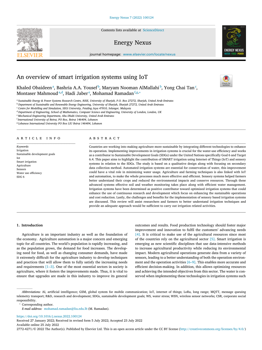 (PDF) An overview of smart irrigation systems using IoT