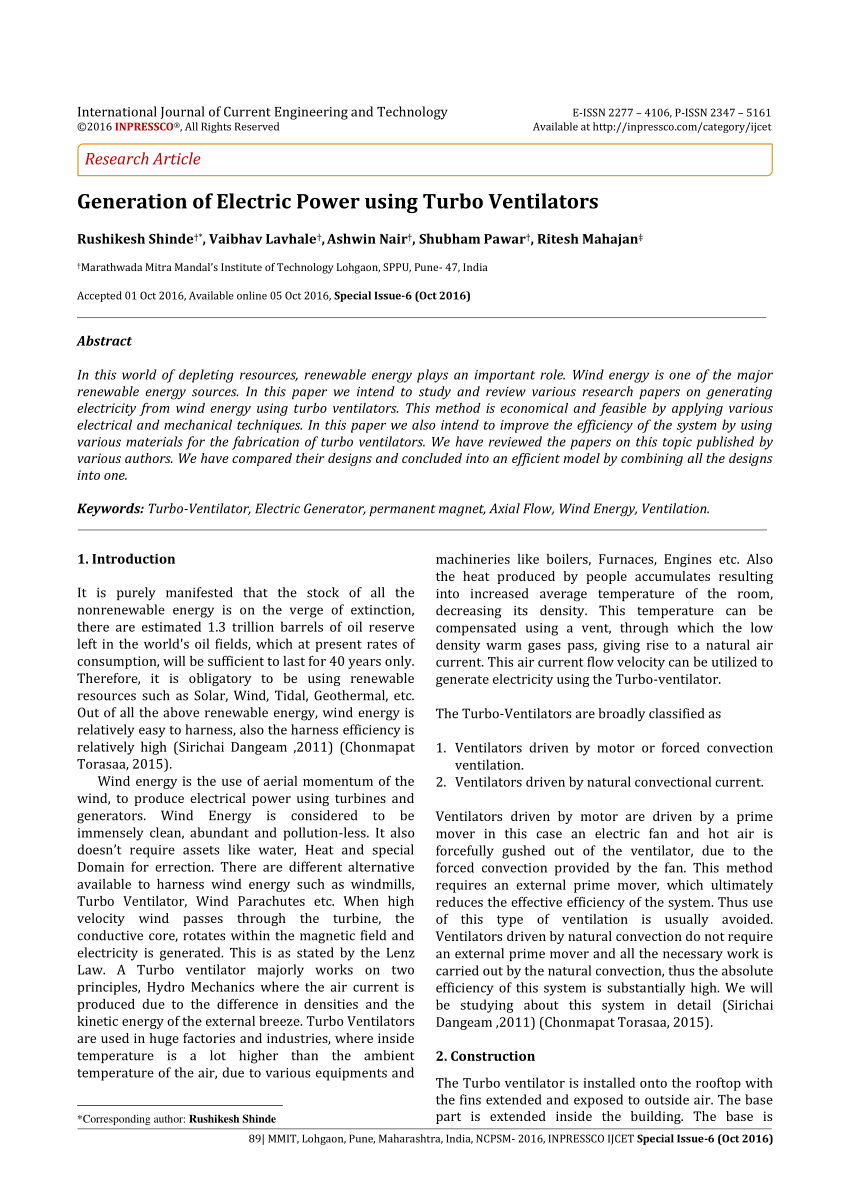 Review on Micro-generation of Electricity Using Rooftop Turbine Ventilator  (R.T.V)