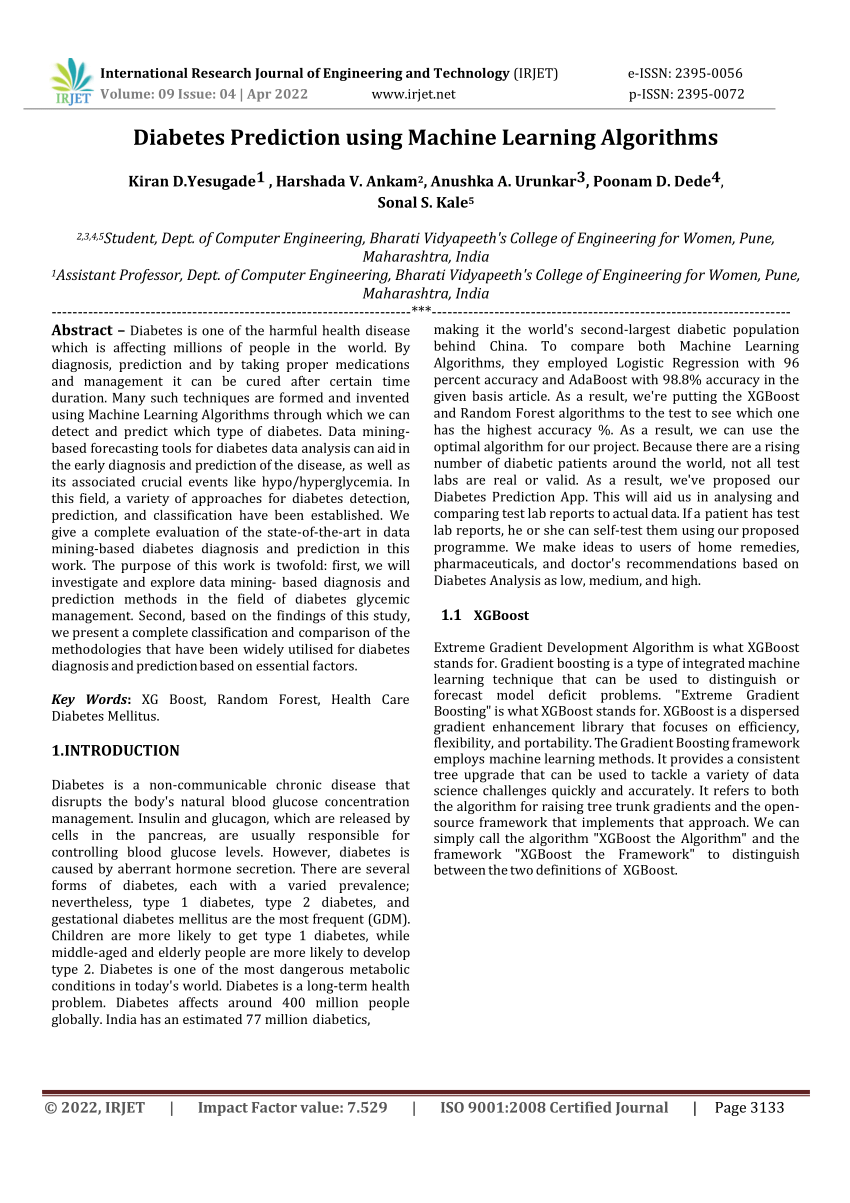 research paper on diabetes prediction using machine learning