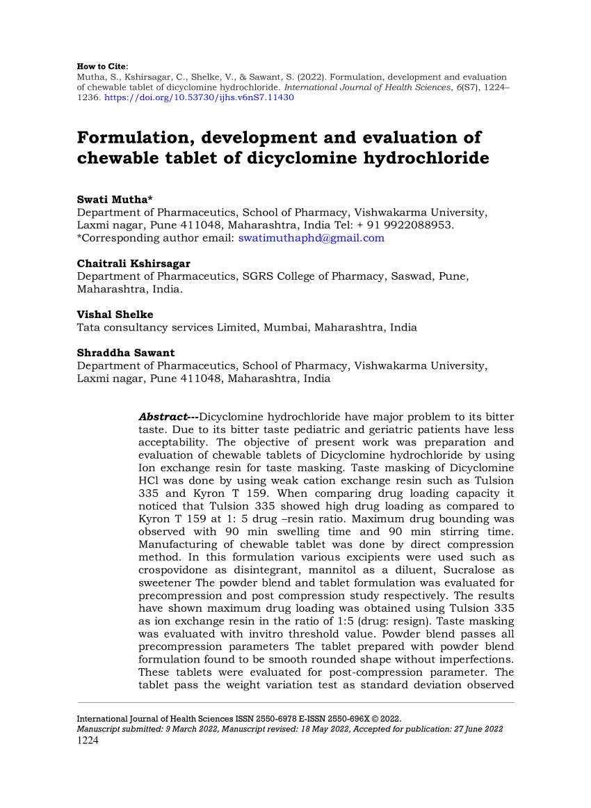 (PDF) Formulation, development and evaluation of chewable tablet of