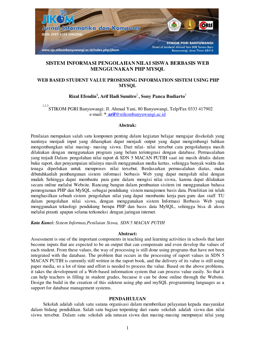 Pdf Sistem Informasi Pengolahan Nilai Siswa Berbasis Web Menggunakan Php Mysql 0531