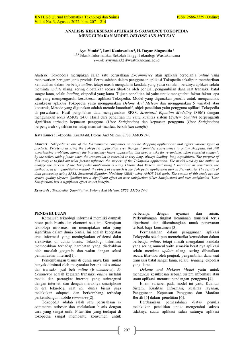 Pdf Analisis Kesuksesan Aplikasi E Commerce Tokopedia Menggunakan Model Delone And Mclean 6425