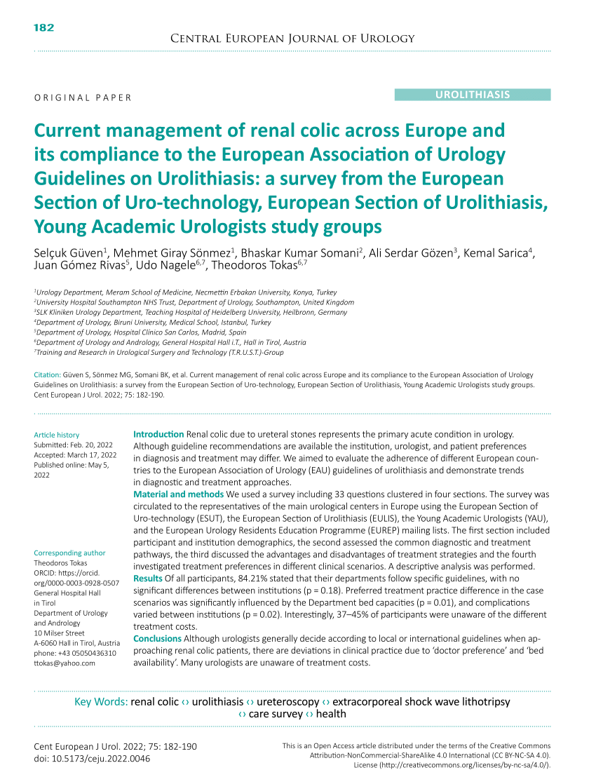 Pdf Current Management Of Renal Colic Across Europe And Its Compliance To The European 3648