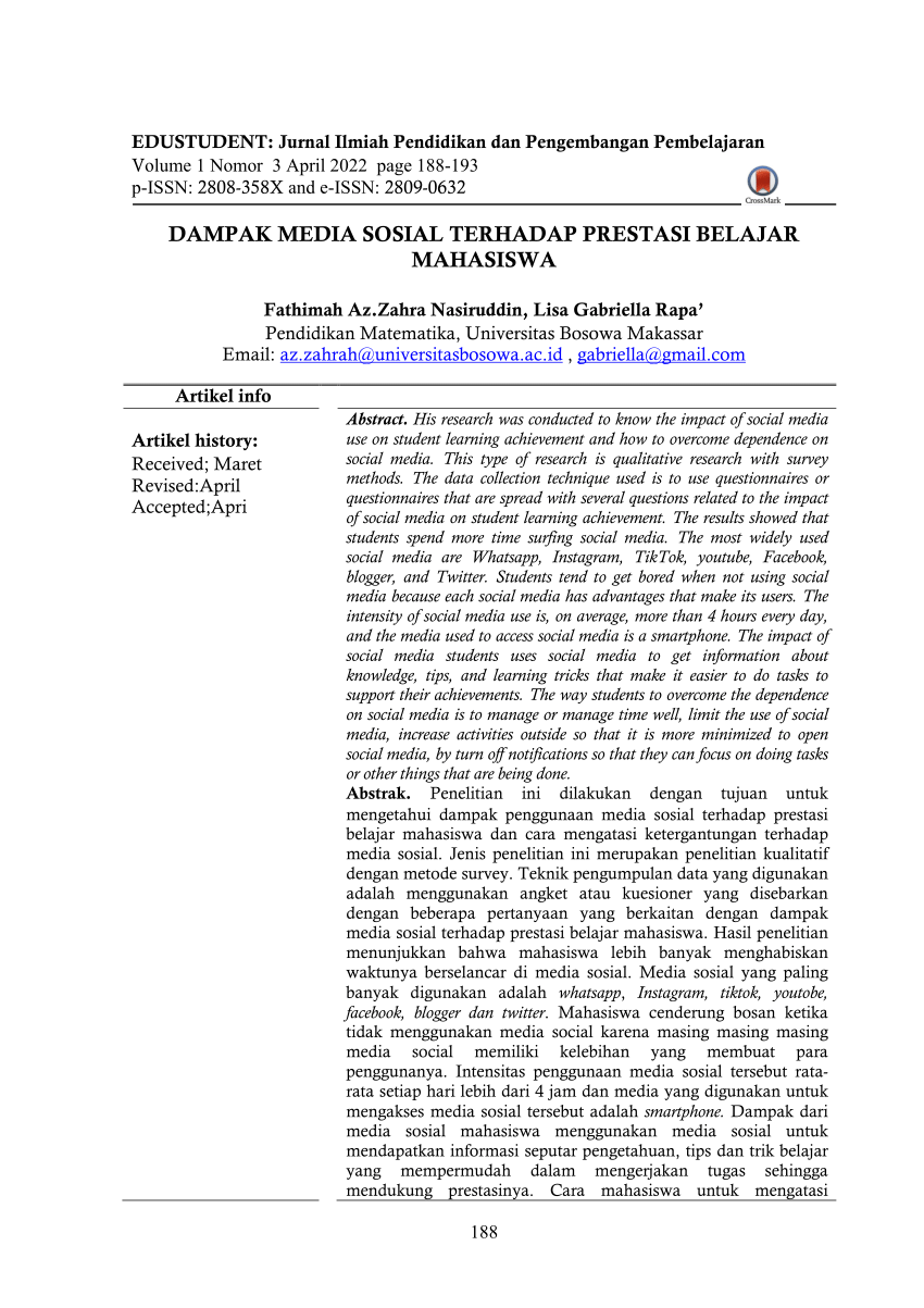 Pdf Dampak Media Sosial Terhadap Prestasi Belajar Mahasiswa