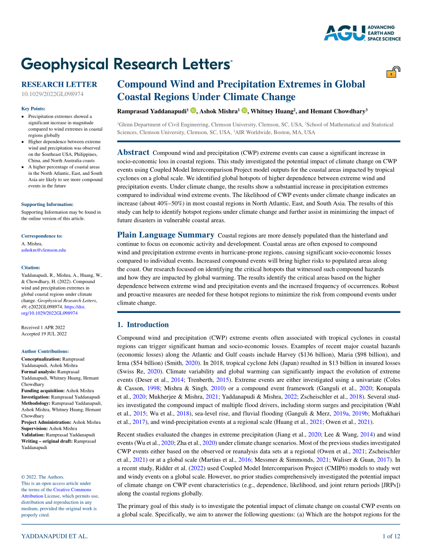 PDF) Compound Wind and Precipitation Extremes in Global Coastal Regions  Under Climate Change