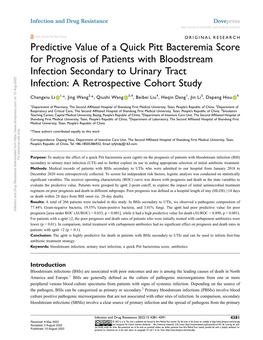 Pdf Predictive Value Of A Quick Pitt Bacteremia Score For Prognosis Of Patients With 6196
