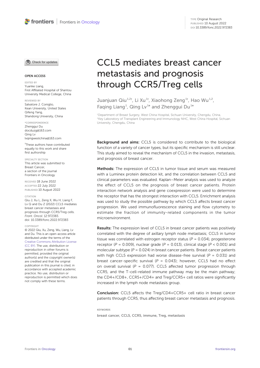 Pdf Ccl5 Mediates Breast Cancer Metastasis And Prognosis Through Ccr5