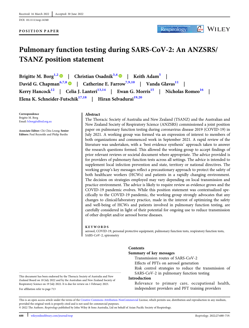 PDF) Pulmonary function testing during SARS‐CoV ‐2: An ANZSRS