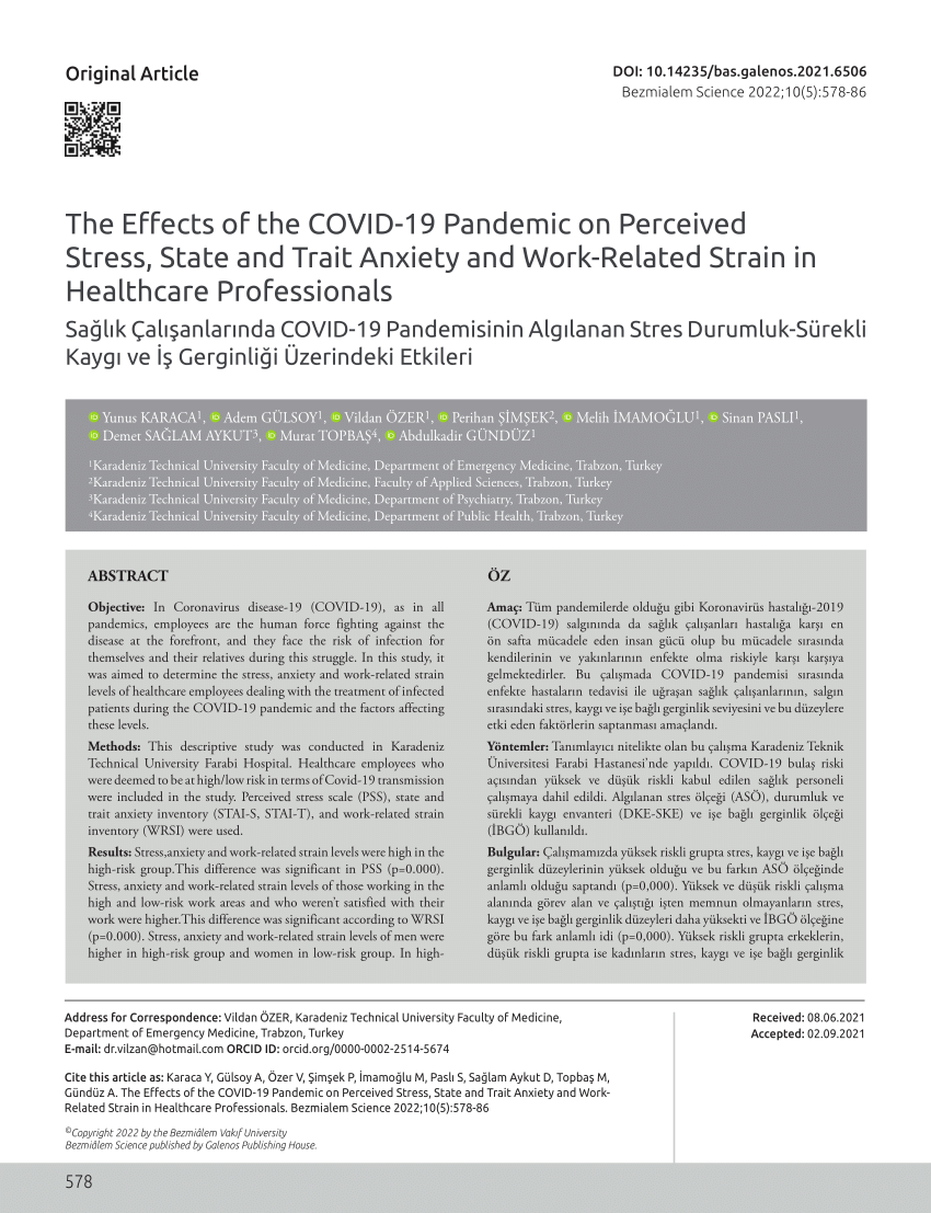 PDF) The Effects of the COVID-19 Pandemic on Perceived Stress, State and  Trait Anxiety and Work-Related Strain in Healthcare Professionals