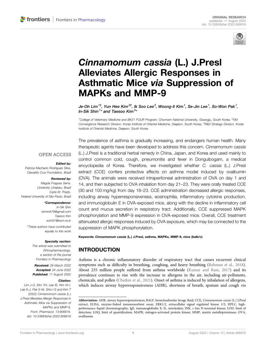 PDF) Cinnamomum cassia (L.) J.Presl Alleviates Allergic Responses in  Asthmatic Mice via Suppression of MAPKs and MMP-9