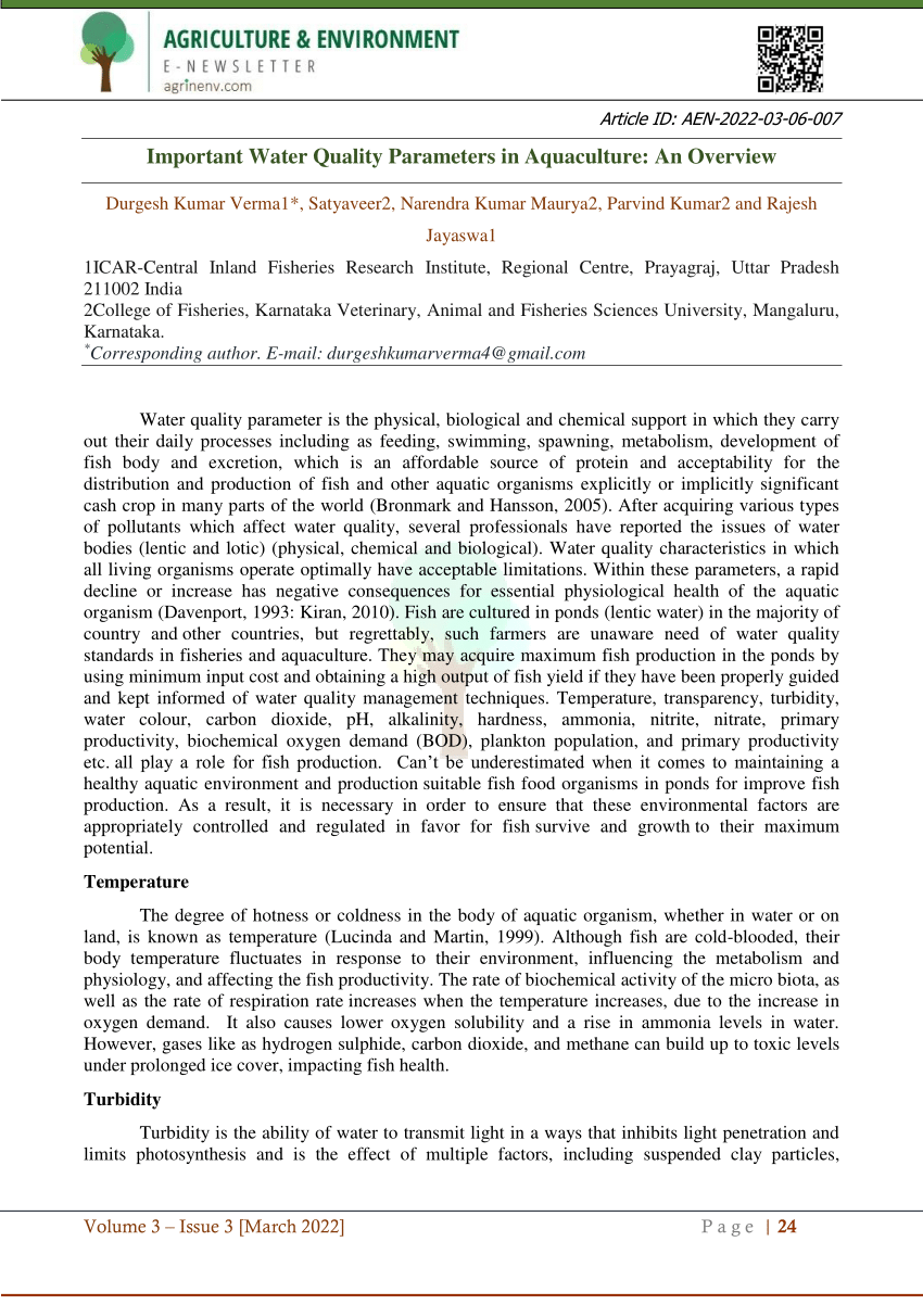 (PDF) Important Water Quality Parameters in Aquaculture An Overview