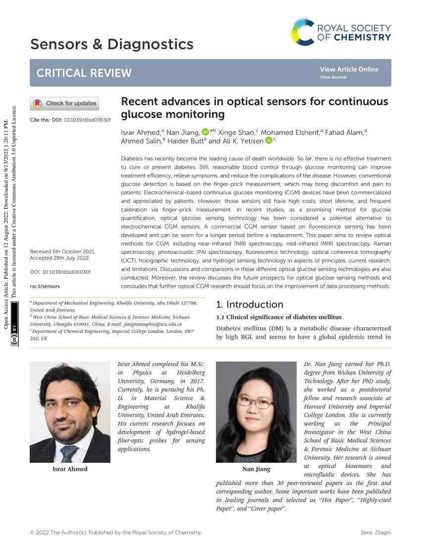 (PDF) Recent advances in optical sensors for continuous glucose monitoring