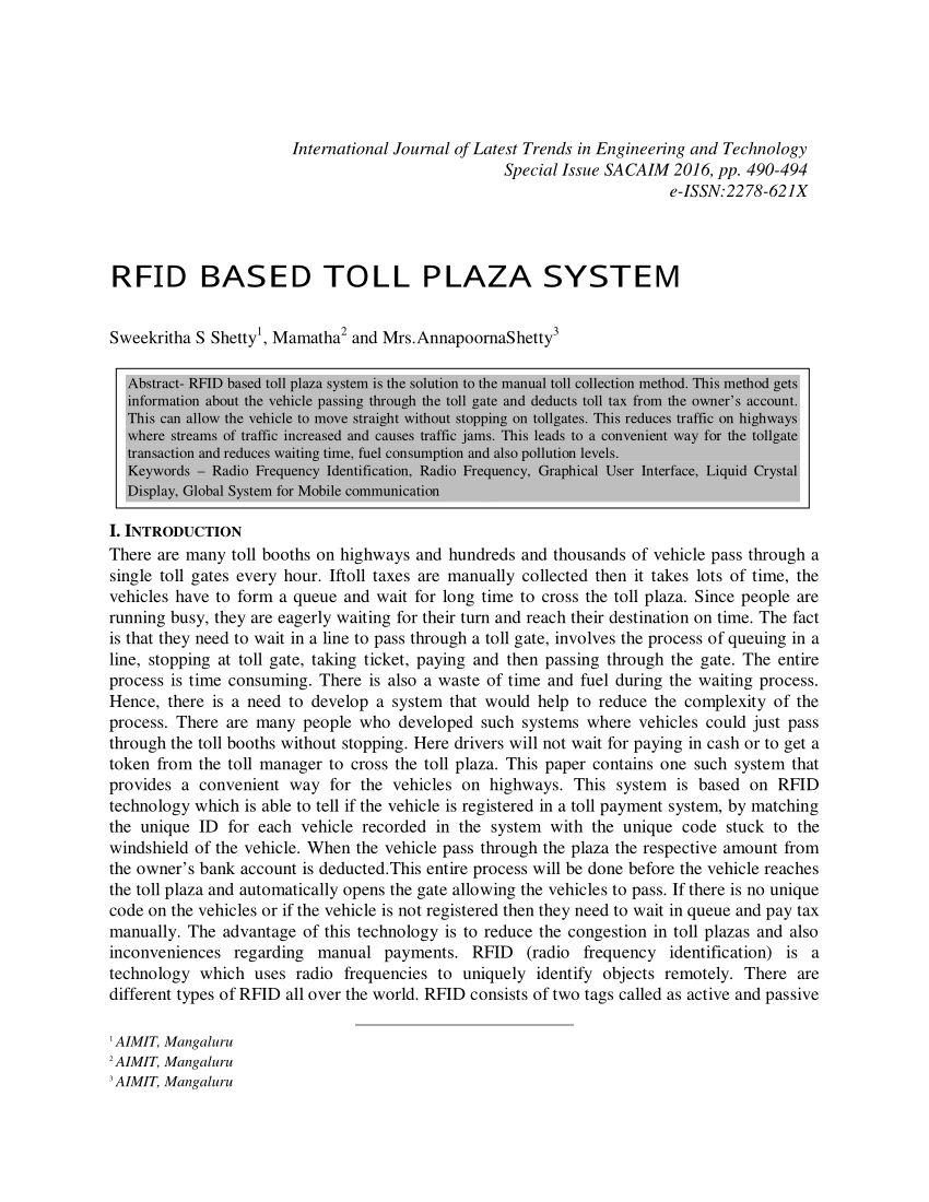 Pdf Rfid Based Toll Plaza System 1229