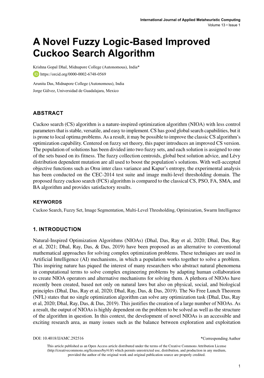 (PDF) A Novel Fuzzy LogicBased Improved Cuckoo Search Algorithm