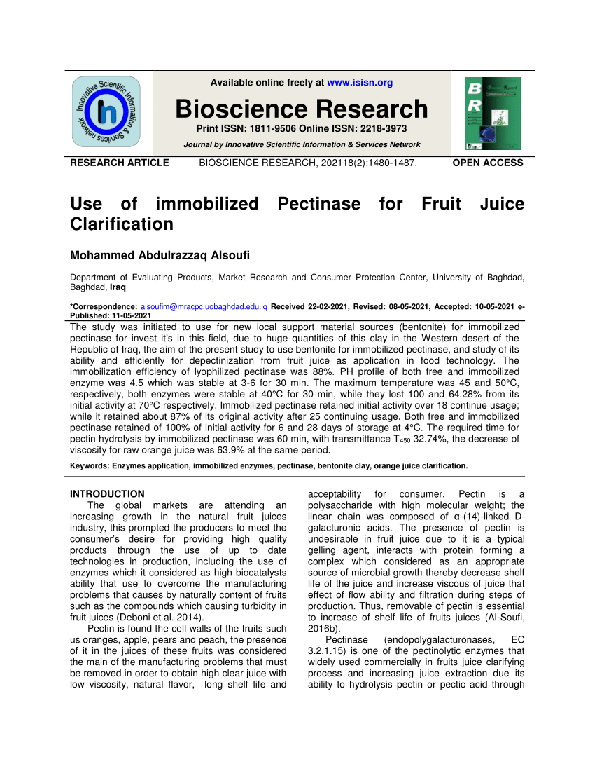 (PDF) Use of immobilized Pectinase for Fruit Juice Clarification