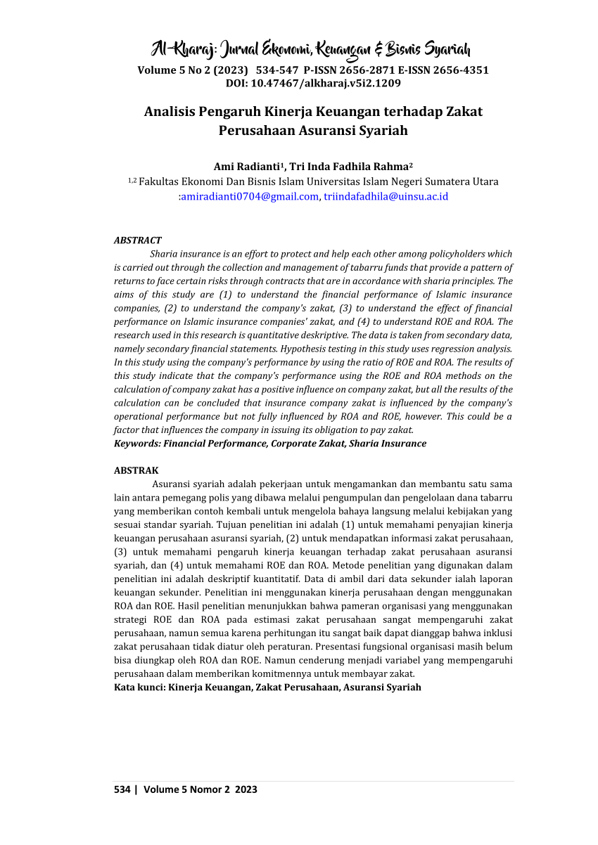 Pdf Analisis Pengaruh Kinerja Keuangan Terhadap Zakat Perusahaan Asuransi Syariah 7810