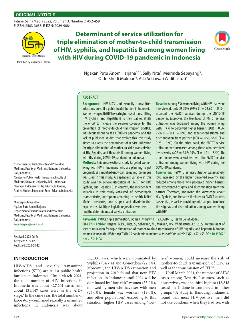 PDF) Determinant of service utilization for triple elimination of mother-to-child  transmission of HIV, Syphilis, and Hepatitis B among women living with HIV  during COVID-19 pandemic in Indonesia