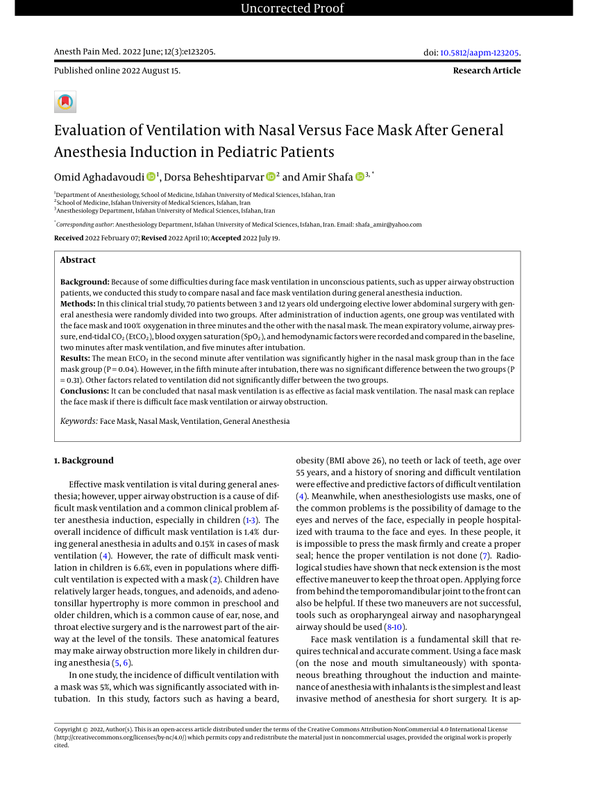 (PDF) Evaluation of Ventilation with Nasal Versus Face Mask After