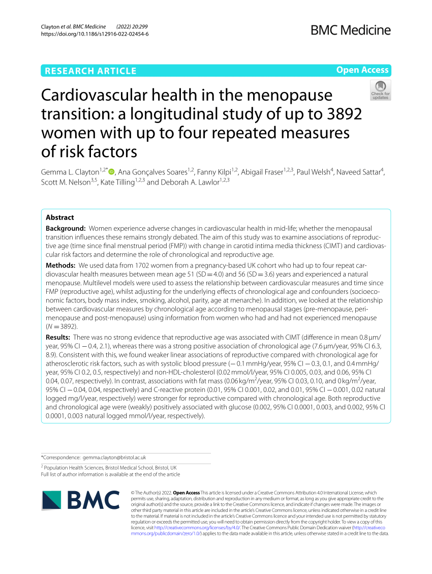 PDF) Cardiovascular health in the menopause transition: a longitudinal study  of up to 3892 women with up to four repeated measures of risk factors