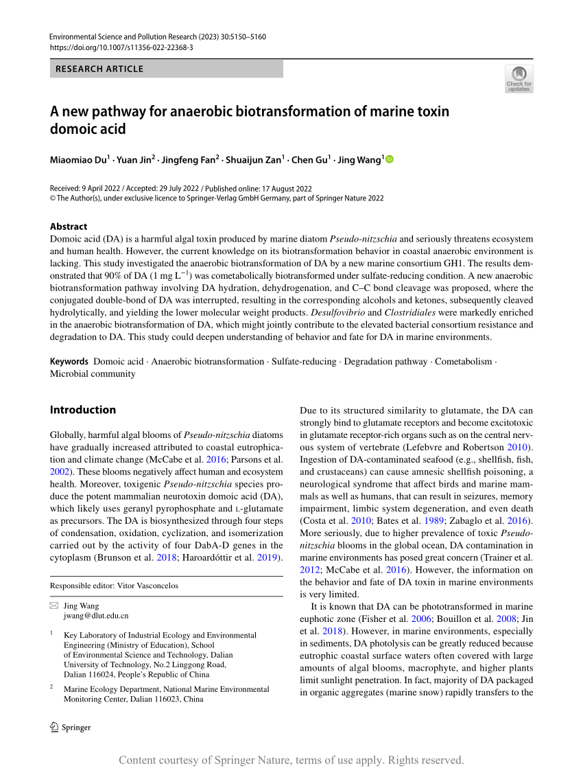 A new pathway for anaerobic biotransformation of marine toxin domoic