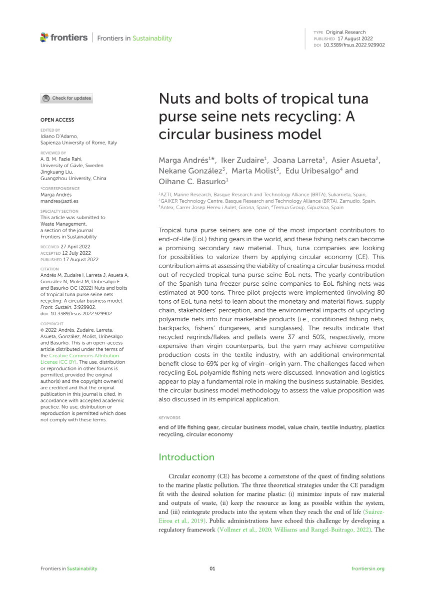 PDF) Nuts and bolts of tropical tuna purse seine nets recycling: A circular  business model
