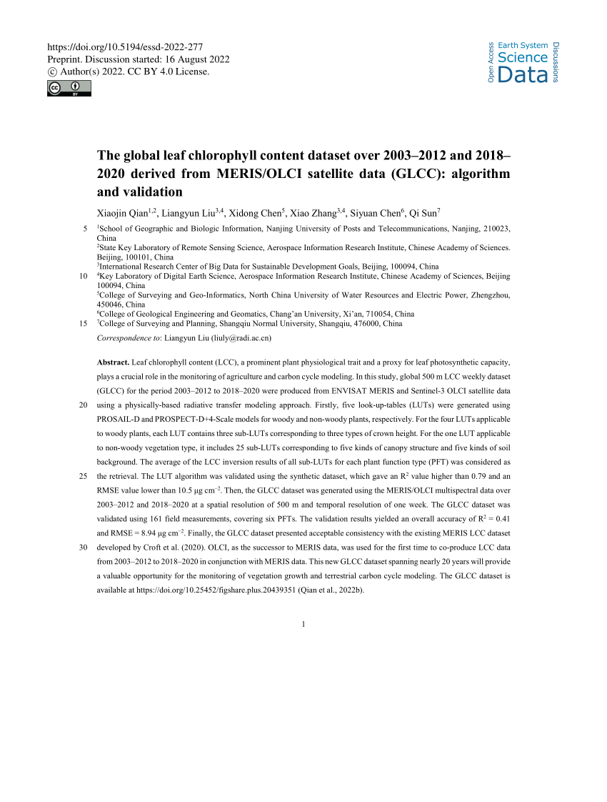 (PDF) The global leaf chlorophyll content dataset over 20032012 and