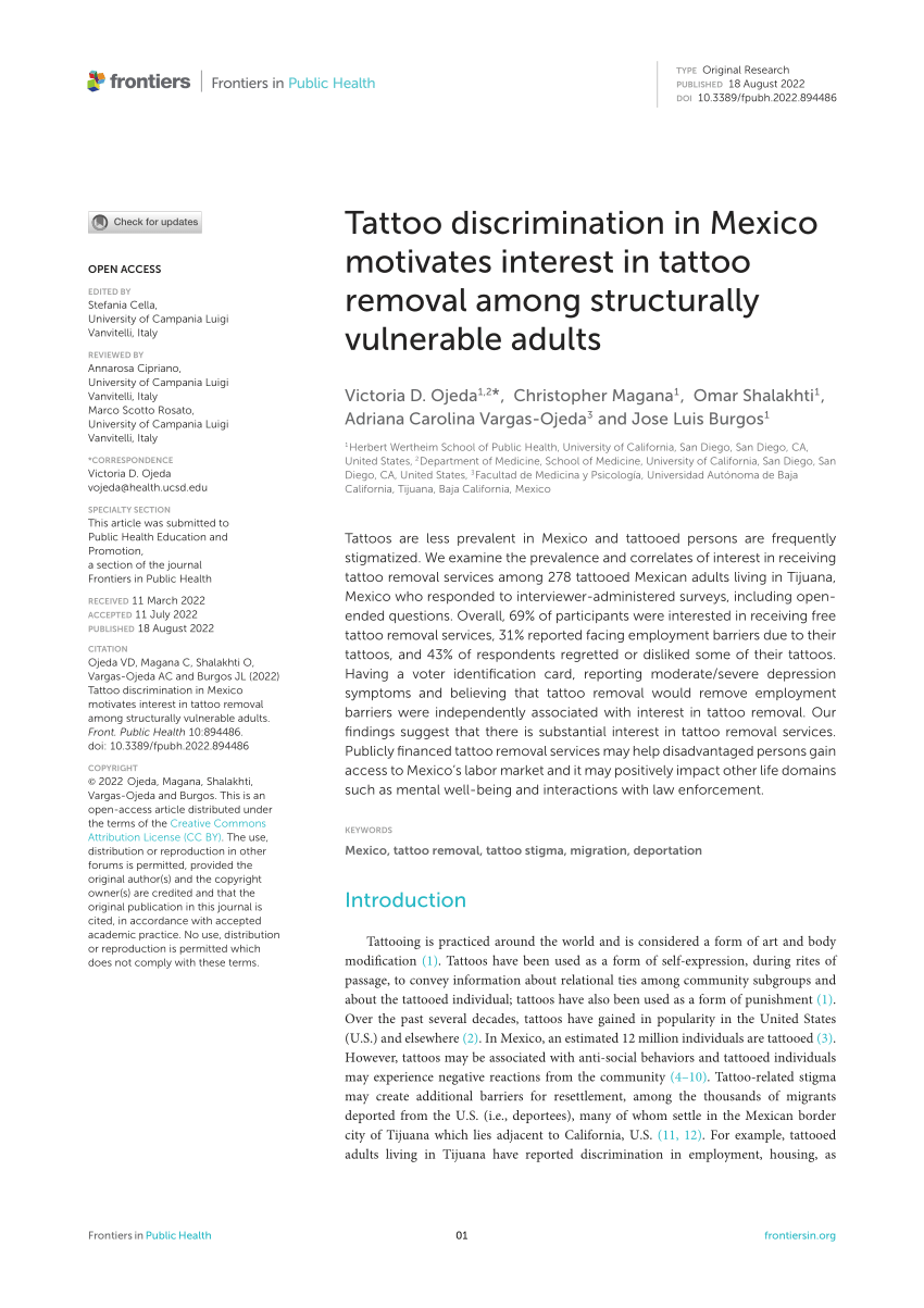 PDF Tattoo discrimination in Mexico motivates interest in tattoo removal  among structurally vulnerable adults