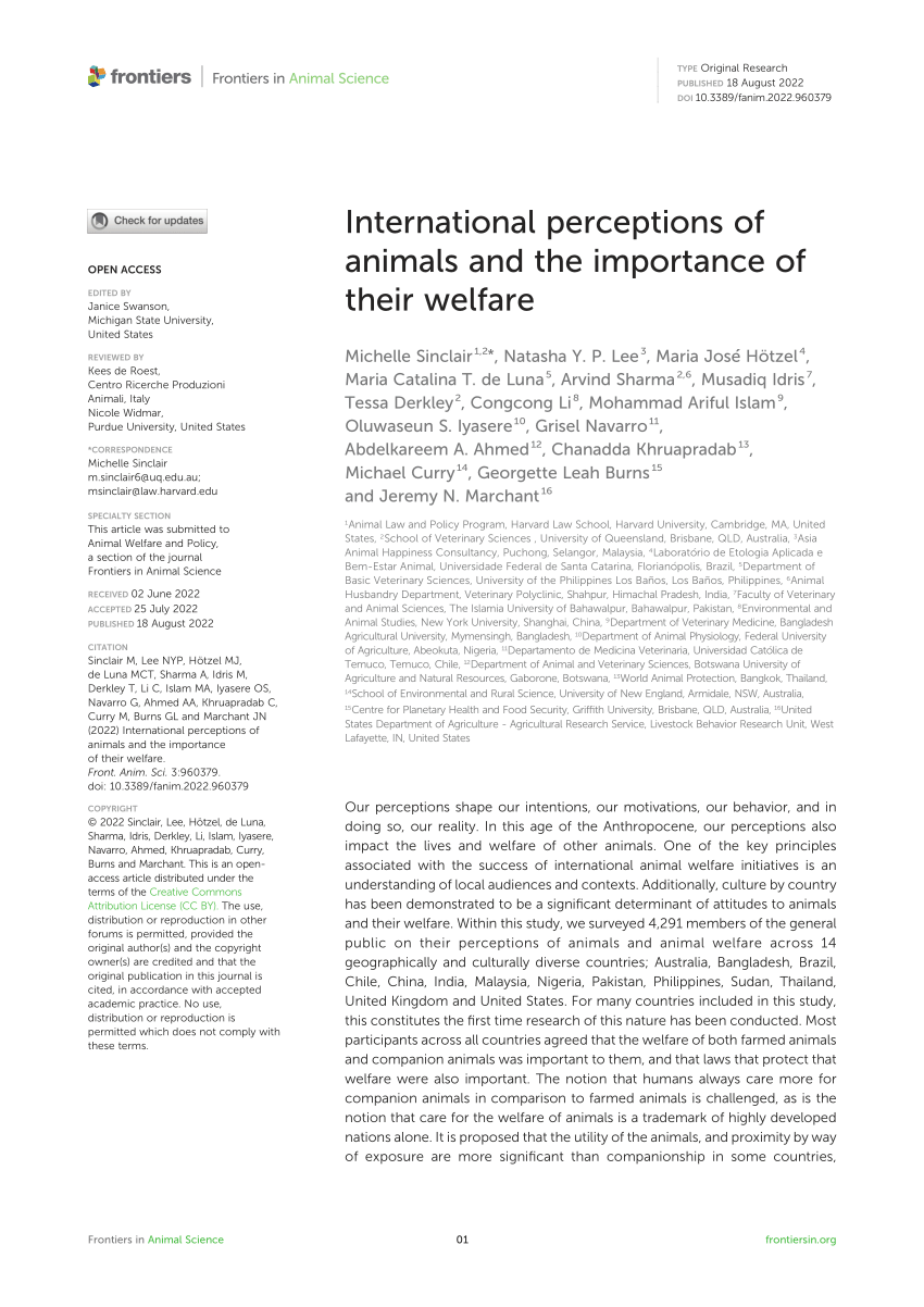 PDF) International Perceptions of Animals and the Importance of Their  Welfare