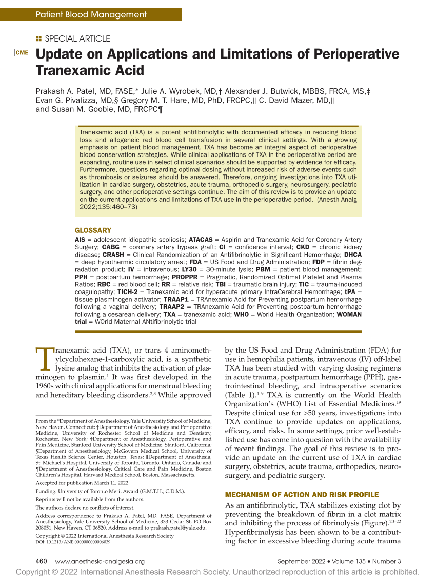 Association of tranexamic acid with decreased blood loss in patients  undergoing laminectomy and fusion with posterior instrumentation: a  systematic review and meta-analysis in: Journal of Neurosurgery: Spine  Volume 36 Issue 4 (2021) Journals