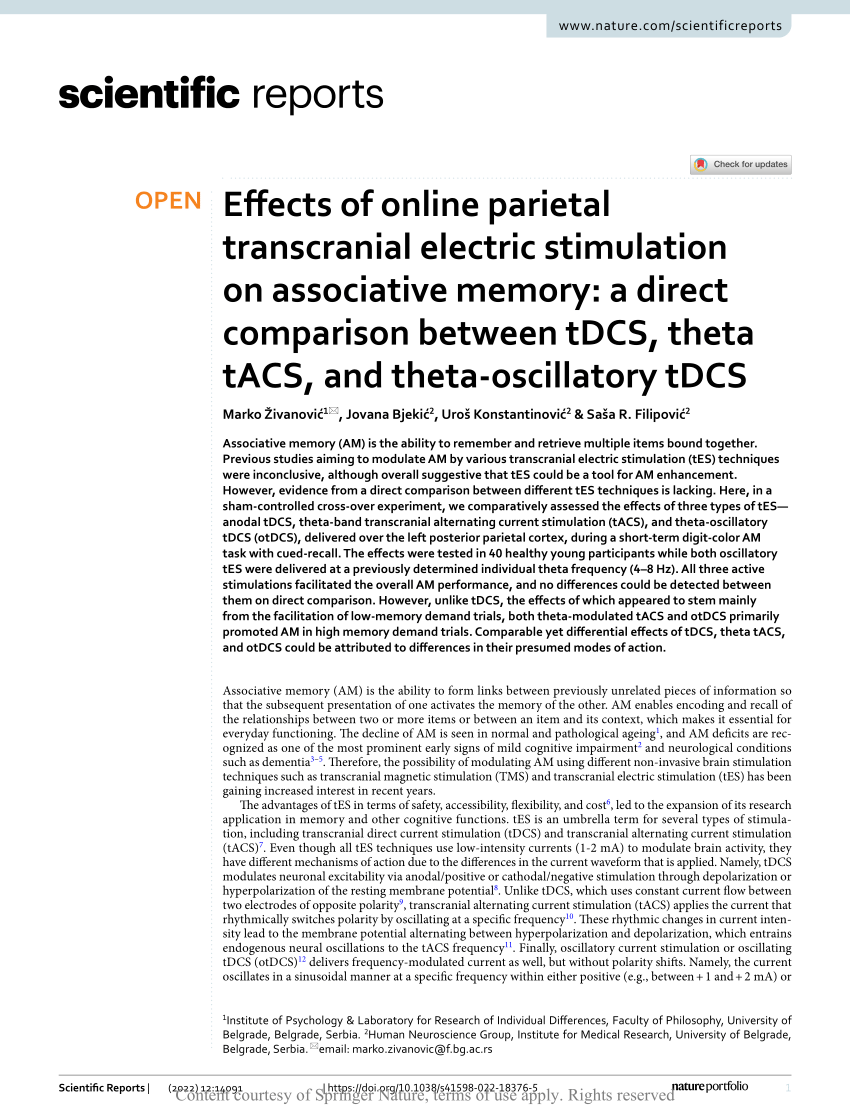 Kwijting Besparing Rijp PDF) Effects of online parietal transcranial electric stimulation on  associative memory: a direct comparison between tDCS, theta tACS, and  theta-oscillatory tDCS